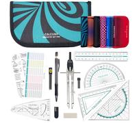 CALCUSO Set de géométrie PRO en trousse turquoise avec compas, règle, rapporteur et équerre - Pour école, college, bureau et université