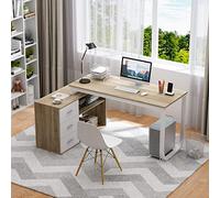 Caldion Bureau d'angle en Forme de L avec 3 Tiroirs Table de réversible en Forme de L Poste Bureau de Rangement pour Le Bureau à Domicile Étude Salon 140x60x75cm Bois&Blanc