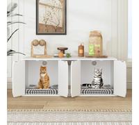 Caldion Cage pour chat, litière pour chat avec grotte pour chat, armoire à litière pour chat, litière pour chat avec 2 trous, 4 portes, maison pour chat, blanc, MDF, salon, chambre à coucher, 110 x 52