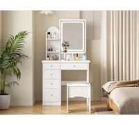 Caldion Coiffeuse avec Miroir et éclairage - Coiffeuse avec Tabouret - Coiffeuse avec 5 tiroirs, étagères, Bureau et Tabouret rembourré - 80 x 40 x 140 cm (l x p x h)