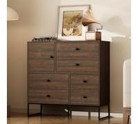 Caldion Commode avec 6 tiroirs et 1 Armoire de Porte,Armoire multifonctionnelle,Buffet Bas,Pieds en métal,100x40x98cm,Marron foncé et Noir, pour Salon, Chambre à Coucher