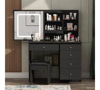 Caldion Grande Coiffeuse avec Miroir et LED, Table de Maquillage avec Tabouret et 5 Tiroirs étagères, Meuble Coiffeuse, Commode et Tabouret Rembourré Chambre, MDF, Noir, 100x50x135cm