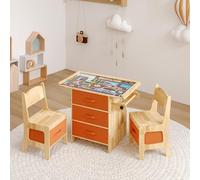 Caldion Table Enfants avec 2 chaises,Table d'étude et de Jeu,Bureau et chaises,Meubles pour Enfants,Bureau en Bois Naturel,Tableau de Jeu,Ensemble de sièges en Bois,5 Bacs de Rangement,pin,70x54x40cm