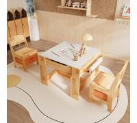 Caldion Table Enfants avec 2 tabourets,Meubles pour Enfants,Table de Jeu,Bureau et chaises,Table en Bois Naturel,Ensemble de sièges en Bois,2 Bacs de Rangement,pin,60.4x59.5x48.3cm