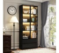 Caldion Vitrine avec 3 éclairages LED - Vitrine avec 2 Portes en Verre - 2 tiroirs - Design Pop-up - Vitrine en Verre avec 4 étagères - Noir - pour Salon - Verre trempé - 80 x 36 x 200 cm