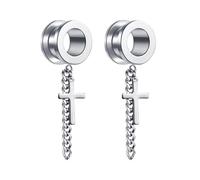 Calefee 10mm Écarteur Tunnel, Acier inoxydable Plug Ecarteur Oreille avec Chaîne et Pendentif Croix Piercing Oreille Tunnel Femme 2 Pièces