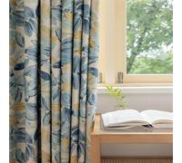Calefee 132x160cm Rideaux Occultants Thermique, Rideau Chambre Moderne Polycoton Aspect Lin à Feuilles Bleues Imprimées, Oeillet, Lot de 2