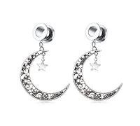 Calefee Bouchons d'oreille 16mm en Acier, 2 Pièce Ecarteur Tunnel Plug Oreille Argent Pendentif Lune et Étoile à Vis Tunnels de Chair Femme