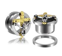 Calefee Ecarteur d Oreilles 19mm, Piercing Tunnel Acier inoxydable avec Croix en Or et Tête de Mort, Écarteur Extenseur Femme 2 Pièces