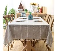 Calefee Nappe Anti Tache Rectangulaire 140x180 cm, Nappe Polyester Decoration Table 4-6 Personnes Broderie Blanche avec Pompons