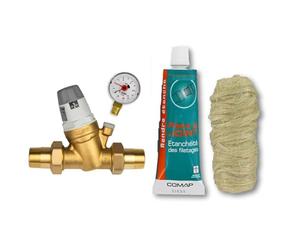 Caleffi Réducteur de pression d'eau 3/4" DN20 pour eau avec cartouche remplaçable et manomètre & Comap S102104 Kit de Etanchéité pâte à joint 50 ml avec bobine de filasse 40 g, Vert