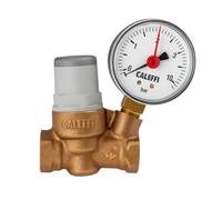Caleffi Réducteur de pression micro-incliné 3/8" jusqu'à 80 °C, plage de réglage de la pression côté sortie 0,8 à 4 bar (avec manomètre)