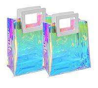 Caleihd Lot de 2 sacs cadeaux irisés avec poignée en plastique PVC transparent - Petits sacs cadeaux robustes pour fête, mariage, anniversaire, Noël, courses - 20 x 19 x 10 cm