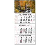 Calendar Company Calendrier mural 2027 3 mois en un coup d'œil avec moulin à grains Scenic Grist Mill (diapositive de date rouge gratuite). Fabriqué aux États-Unis (13_Grist Mill)