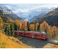 Calendrier 2024 avec photos de chemins de fer suisses avec photos de différentes locomotives devant les plus beaux paysages suisses. Nature et technique dans un calendrier mural