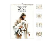 Calendrier 2025 Bible Stories - 12 mois - Calendrier mural à spirales avec crochet - Calendrier mural chrétien 2025 - Aquarelles naturelles - Peintures de paysage - Histoires bibliques chrétiennes