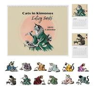Calendrier 2025 Cats In Kimonos Eating Sushi, Calendrier Cats Meet Kimonos, Calendrier artistique d'illustrations de chat kimono, Calendrier artistique Cat Sumi-e, Calendrier mensuel (L)