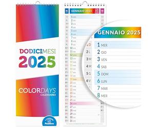 Calendrier 2025 de Mur hollandais Slim Color | Étroit, prend peu de place - En papier non couché idéal pour marquer rendez-vous et engagements | Dimensions 15 x 42 | 16 façades | Positif