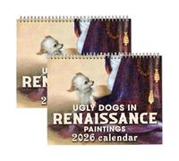 Calendrier 2026 « Chiens laids dans les peintures de la Renaissance », calendrier mural vintage amusant de 12 mois avec des animaux médiévaux, calendriers muraux médiévaux avec des chiens (2 pcs)