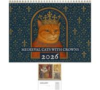 Calendrier 2026 de chats médiévaux avec couronnes, grand calendrier mural de chat couronné médiéval 2026, planificateur de 12 mois, calendriers mystères et de charme fantaisistes, cadeau pour (1pcs)