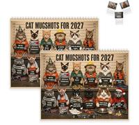 Calendrier 2027 de photos de chats drôles (2pcs) | Calendrier mural chat criminel du jour avec 12 portraits hilarants de chats et crimes drôles, pour les amoureux des chats