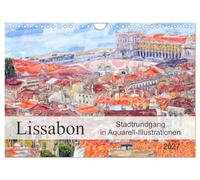 Calendrier 2027 · US Version · Lisbonne - visite guidée illustrée à | l'aquarelle · La ville lumière et ses sites touristiques · DIN A4 paysage · CALVENDO Calendrier mural