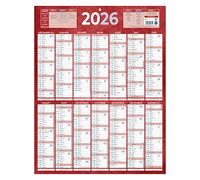 Calendrier annuel mural 2026 - 14 mois recto / blanc verso - 55 x 43 cm - rouge