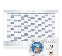 Calendrier annuel XXL 2026 + janvier 2027 au format A1 au design simple bleu et blanc avec vacances et jours fériés, calendrier mural, calendrier mural, calendrier plié, avec 408 autocollants
