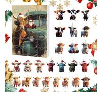 Calendrier 'Avent Highland Cow Noël | 24 Jours Comptage Décorations de Noël Vaches | Décorations 2D Plaques Acrylique Animaux Bovins pour Rétroviseur | Arbre Mural Porte