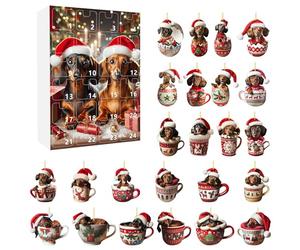 Calendrier d'arrivée de Noël avec 24 cadeaux, chien mignon, ornement acrylique, compte à rebours avec étiquettes de Noël surprises (rouge, 26,5 x 18,5 x 3,5 cm)