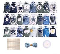 Calendrier de compte à rebours de Noël avec 24 sacs en tissu satiné, pinces en bois, corde et ruban pour bonbons et fêtes de fin d'année (bleu lac)