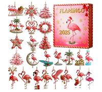 Calendrier de compte à rebours flamant rose - 22 x 26 x 2,6 cm - Affichage des vacances - Ornement plat en acrylique - Design de scène de 24 jours avec œuvre d'art suspendue - Fenêtre murale festive