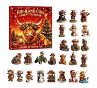 Calendrier de l’Avent de Noël Highland Cow, Compte à Rebours de Noël de 24 Jours Surprise Ornement en Acryliques 2D Décorations de Noëls Mini Figurines de Vache à Collectionner Déballage Quotidien，#07
