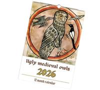 Calendrier de l'année 2026 avec 12 mois - Organiseur domestique sur le thème des hiboux médiévaux - Calendrier mural suspendu pour la famille, les amis, l'appartement, la maison et la salle de séjour