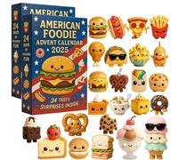 Calendrier de l'Avent 2025 « American Foodie », 24 jours de mini-surprises gourmandes, boîte de compte à rebours amusante avec breloques à collectionner sur le thème des snacks (2PCS)