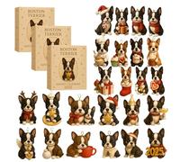 Calendrier de l'Avent 2025 Boston Terrier, compte à rebours de Noël sur 24 jours avec ornements en acrylique 2D, cadeau amusant sur le thème des chiots pour les amoureux des chiens (3pcs)