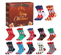 Calendrier de l'avent 2025 Chaussettes Adultes 12 paires Noël Compte à Rebours Homme Femme Père Noël Bonhomme de Neige Sapin de Noel Multicolore Suprise Cadeau (Rouge)