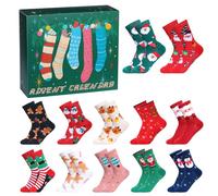 Calendrier de l'avent 2025 Chaussettes Adultes 12 paires Noël Compte à Rebours Homme Femme Père Noël Bonhomme de Neige Sapin de Noel Multicolore Suprise Cadeau (Vert)