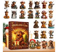 Calendrier de l'Avent 2025 - Compte à rebours de Noël 24 jours avec mini vache des Highlands - Ornements - Décoration festive pour la maison - Dimensions : 26 x 18 x 4 cm