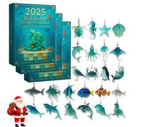 Calendrier de l'Avent 2025 en verre de mer sur la vie marine, 24 jours sur le thème de l'océan, calendrier de compte à rebours de Noël, décoration de Noël avec hippocampe (3PCS)
