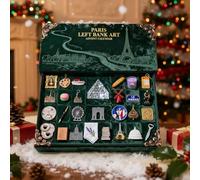 Calendrier de l'Avent 2025 Paris Rive gauche avec 24 monuments miniatures et éléments alimentaires, compte à rebours de vacances rive gauche avec scène d'affichage, décoration de Noël parisienne