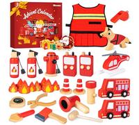 Calendrier de l'Avent 2025 pour Enfants, Commodum Deguisement Pompier Enfant Jeu de Rôle, Costume de Deguisement Pompier avec Accessoires en Bois, Cadeau de Noël pour Garçons et Filles