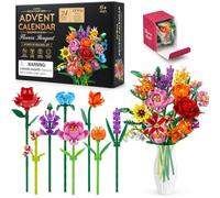 Calendrier de l'Avent 2026 avec bouquet de fleurs, compte à rebours de Noël de 24 jours, 24 boîtes de 1 500 pièces + blocs de construction, roses et tulipes colorées, décoration d'intérieur, cadeaux