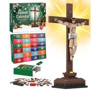 Calendrier de l'Avent 2026 avec lumière Jésus Crucifixion | Compte à rebours de Noël 24 jours en forme de croix de Jésus compatible avec la décoration religieuse chrétienne Lego