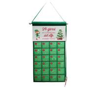 Calendrier de l'Avent 2026 en compagnie de l'Elfe du Père Noël en tissu vert. 24 jours pleins de magie, sourires et… bonnes actions - Dim. 55 x 30 cm