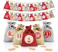 Calendrier de l'Avent à Remplir, Calendrier de NoëL 2025, 24 Sacs en Tissu, 24 Autocollants Chiffres l'Avent, Pinces en Bois et Corde Chanvre, Lin/Gris/Rouge, DIY Cadeau Decoration 10x14cm