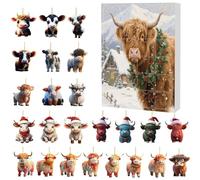 Calendrier de l'Avent Compte à rebours Boeuf des Highlands - 24 petites portes avec bijoux de bœuf de Noël, pendentif animal 2D en acrylique pour et adultes - Cadeau de fête - Décoration