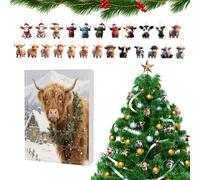 Calendrier de l'Avent compte à rebours en forme de vache des Highlands, 24 jours - Pendentif animal en acrylique 2D pour et adultes - Cadeau de fête - Décoration d'arbre de Noël - Rétroviseur