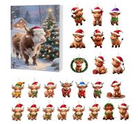 Calendrier de l'Avent de Noël 2025 - Compte à rebours avec 24 jours et décoration en acrylique 2D - Pendentif festif de vache Highland - Pour la famille, la maison, l'arbre, la fête, la fenêtre, le