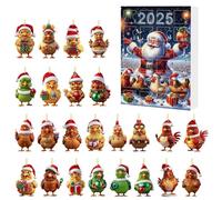 Calendrier de l'Avent de Noël 2025 Poulet avec Bonnets de Père Noël, 24 Jours Calendrier de Compte à Rebours Suspendu en Acrylique 2D Décorations Pendentifs Poulets Amusants pour Enfants Adultes